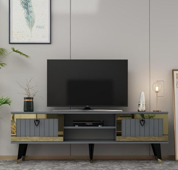 Cantek Dizayn Lidya Tv Stand Antrasit - Altın - Image 1