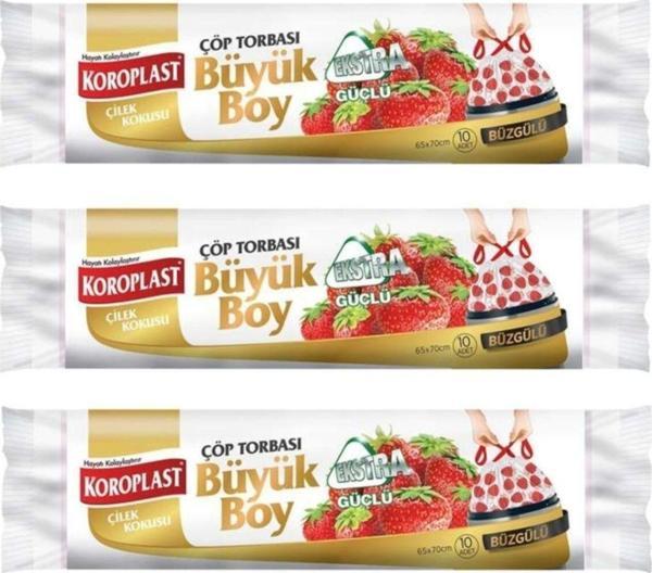 Koroplast Ekstra Güçlü Çilek Büzgülü Büyük Boy 10Lu Çöp Torbası X 3 Paket (65*70 Cm) - Image 1