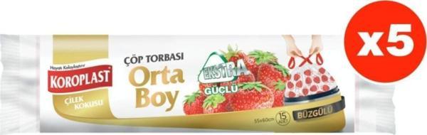 Koroplast Ekstra Güçlü Çilek Büzgülü Orta Boy 15Li Çöp Torbası X 5 Paket (55*60 Cm) - Image 1