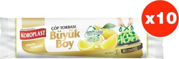 Koroplast Ekstra Güçlü Limon Büzgülü Büyük Boy 10Lu Çöp Torbası X 10 Paket (65*70 Cm) - Image 1