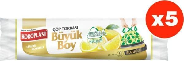 Koroplast Ekstra Güçlü Limon Büzgülü Büyük Boy 10Lu Çöp Torbası X 5 Paket (65*70 Cm) - Image 1