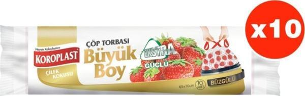 Koroplast Ekstra Güçlü Çilek Büzgülü Büyük Boy 10Lu Çöp Torbası X 10 Paket (65*70 Cm) - Image 1