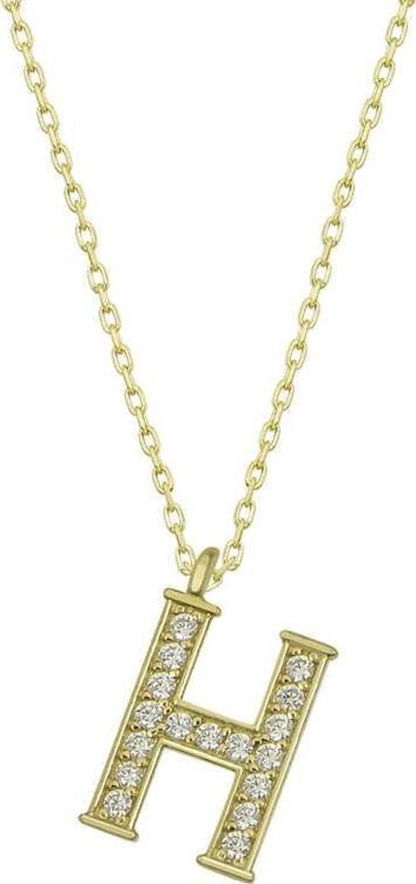 925 Ayar Gümüş Gold H Harfi Kadın Gümüş Kolye - Image 1