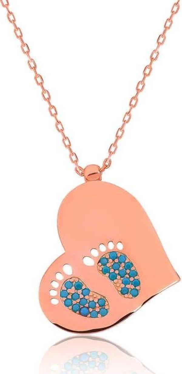 925 Ayar Gümüş Kalpli Ayak İzi Kadın Gümüş Kolye - Image 1