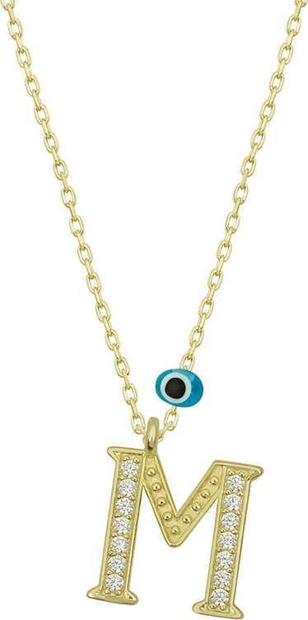 925 Ayar Gümüş Nazar Gold M Harfi Kadın Gümüş Kolye - Image 1