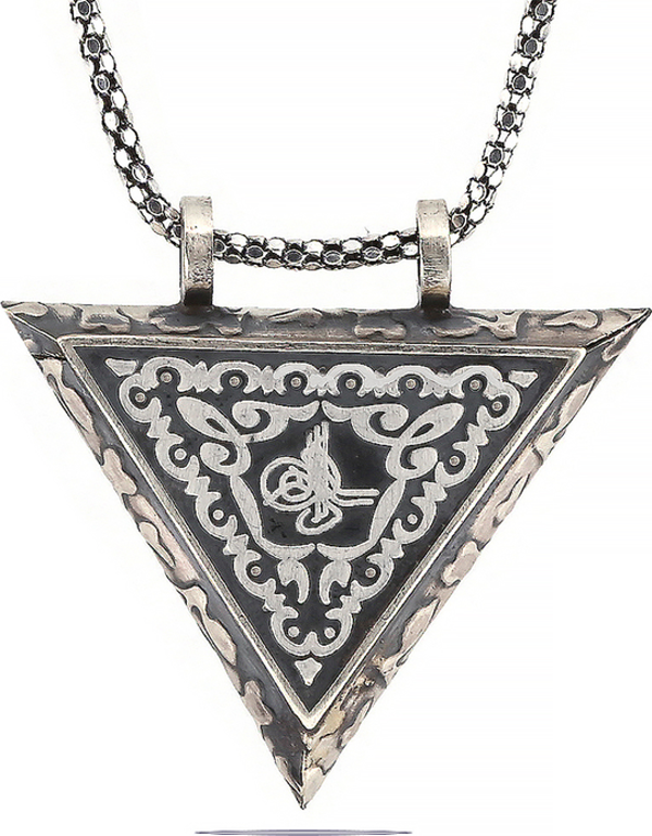 925 Ayar Gümüş Üçgen İçi Açılabilen Tuğra Muskalık Gümüş Kolye - Image 1