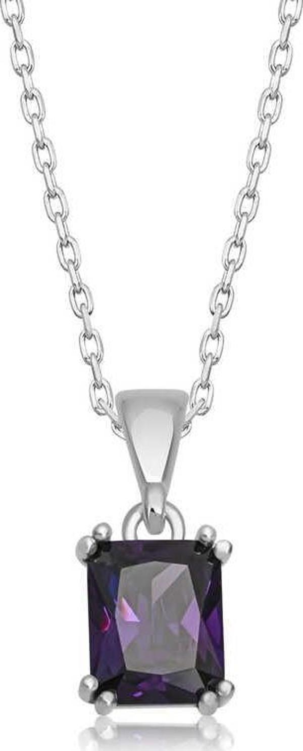 925 Ayar Gümüş Mor Kristal Kare Taşlı Kadın Gümüş Kolye - Image 1