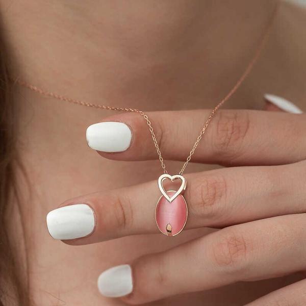 925 Ayar Gümüş Pembe Kedi Gözü Taşlı Kalp Kolye - Image 1