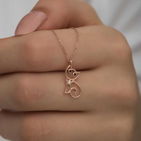 925 Ayar Gümüş Rose Kedi Kadın Gümüş Kolye - Image 1