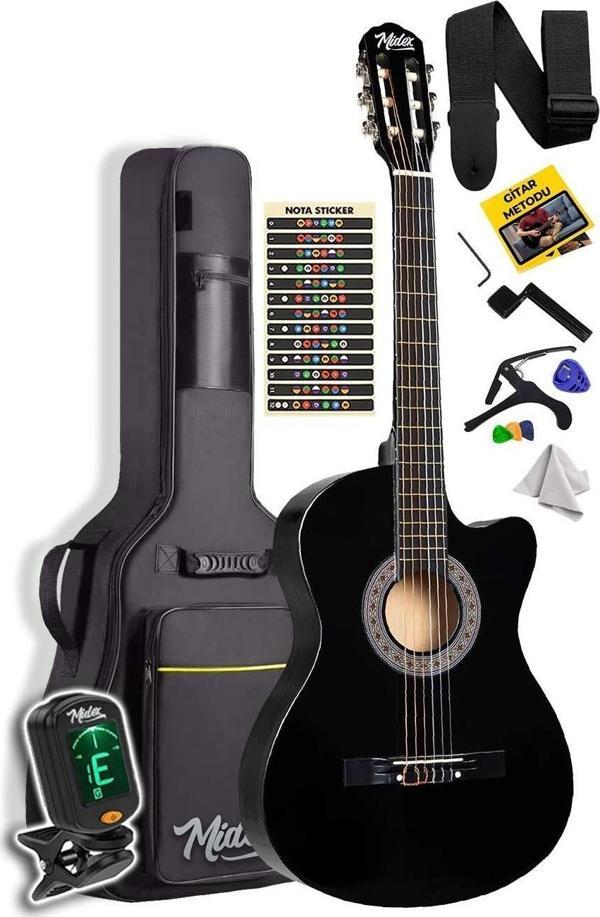 Midex CG-390BK-XBAG Siyah Klasik Gitar 4/4 Sap Ayarlı Kesik Kasa Full Set (Çanta Tuner Askı Capo Metod Pena) - Image 1