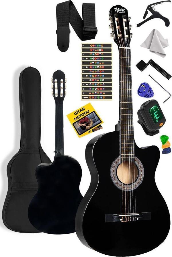 Midex CG-395BK Siyah Klasik Gitar 4/4 Sap Ayarlı Kesik Kasa Full Set (Çanta Askı Tuner Metod Pena) - Image 1