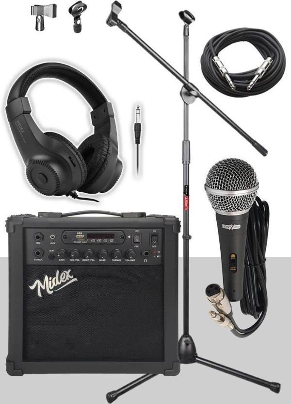 Midex MGA-25BK-PAK Elektro Gitar Amfisi 25 Watt USB Bluetooth ve Şarjlı (Amfi Mikrofon Stand Kulaklık Jack Kablo) - Image 1