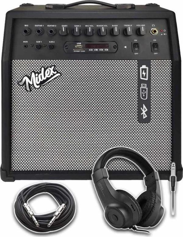 Midex MGA-50HD Elektro Gitar Amfisi 50 Watt USB Bluetooth Şarjlı 4 girişli (Kulaklık ve Kablo Dahil) - Image 1