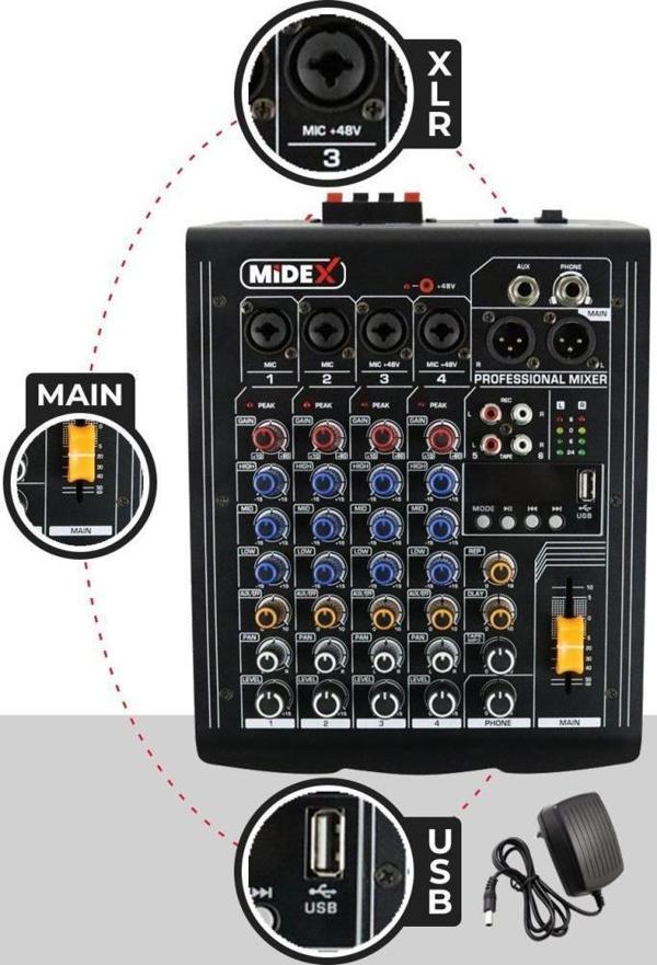 Midex MP-400 Amfili Power Mikser 2x200 WATT 4 Kanal (Bluetooth USB Efekt Kayıt) - Image 1