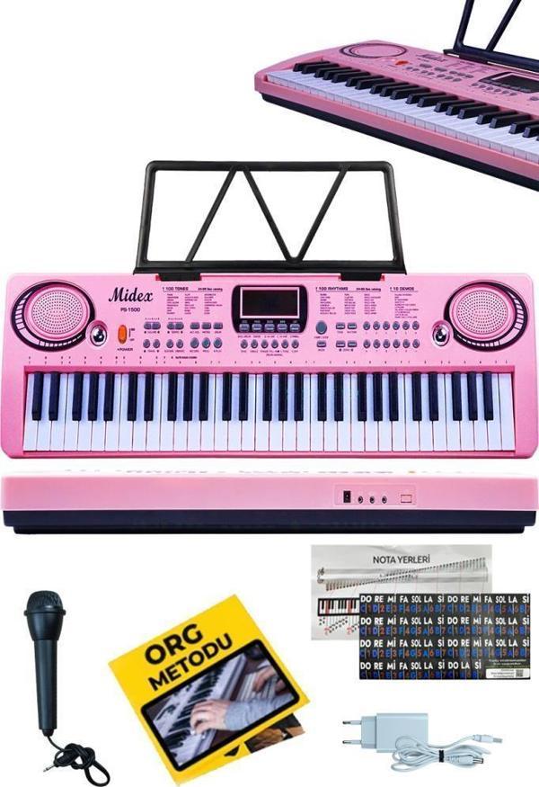 Midex PS-1500PK Başlangıç İçin 61 Tuşlu Org Pembe Renk Notalık Adaptör Mikrofon METOD (100 Ses 100 Ritim) - Image 1