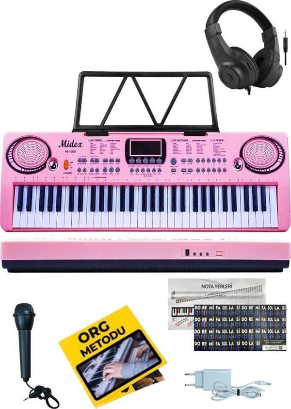 Midex PS-1500PK-H Başlangıç İçin Pembe 61 Tuşlu Org Kulaklık Notalık Mikrofon Metod (100 Ses 100 Ritim) - Image 1