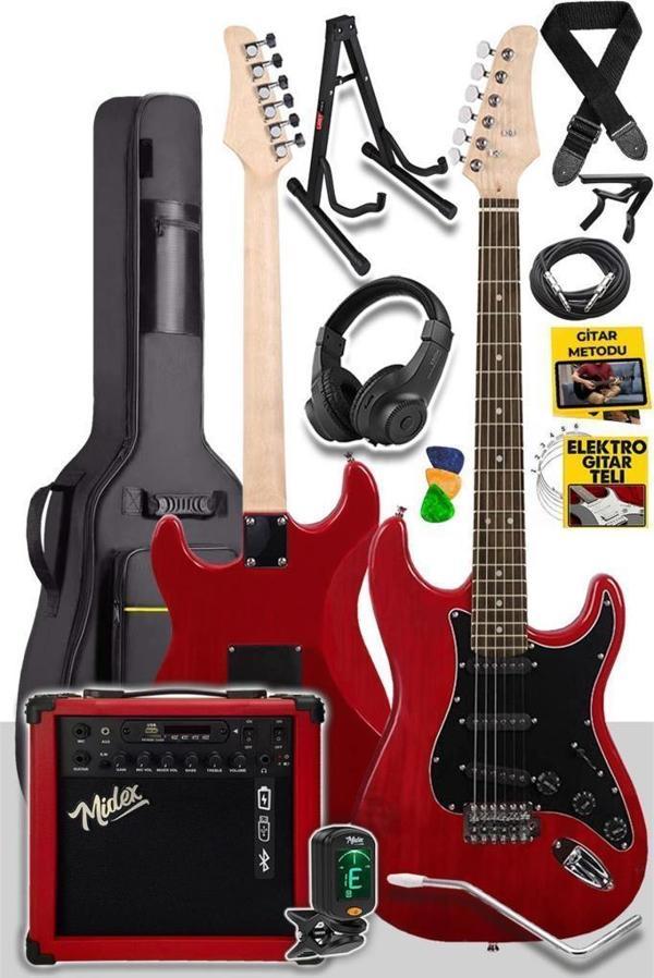 Midex RPH30RD-25AMP RED Elektro Gitar Seti 25 WATT GAİN'Lİ Şarjlı Amfi ve Full SET - Image 1