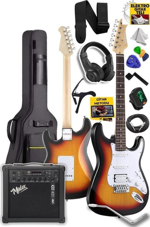 Midex RPH30SB-AMP Sunburs 25 Watt Şarjlı Bluetoothlu Amfili Elektro Gitar Seti Full - Image 1