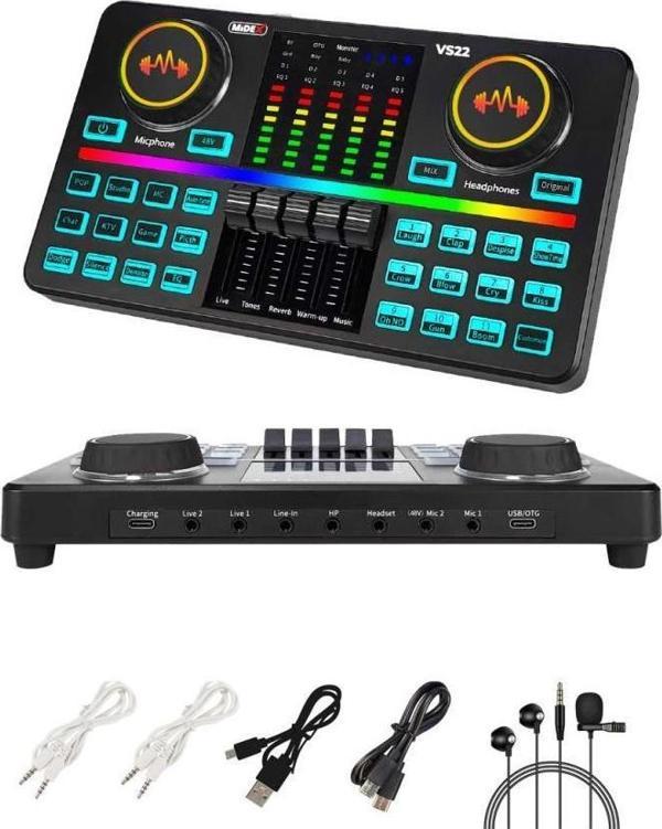 Midex VS22 Üst Seviye Stüdyo Kayıt Canlı Yayın Şarjlı Ses Kartı Efektli Radyo Mikseri (Telefon ve PC Podcast) - Image 1