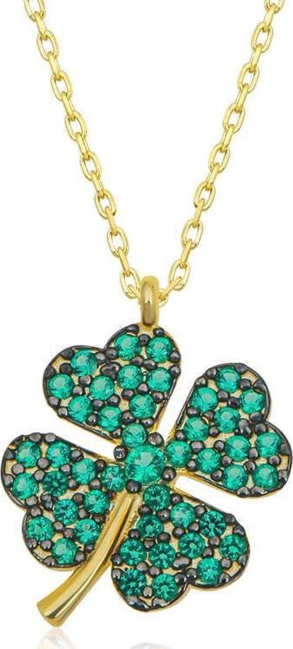 925 Ayar Gümüş Gold Dört Yapraklı Yonca Kadın Gümüş Kolye - Image 1