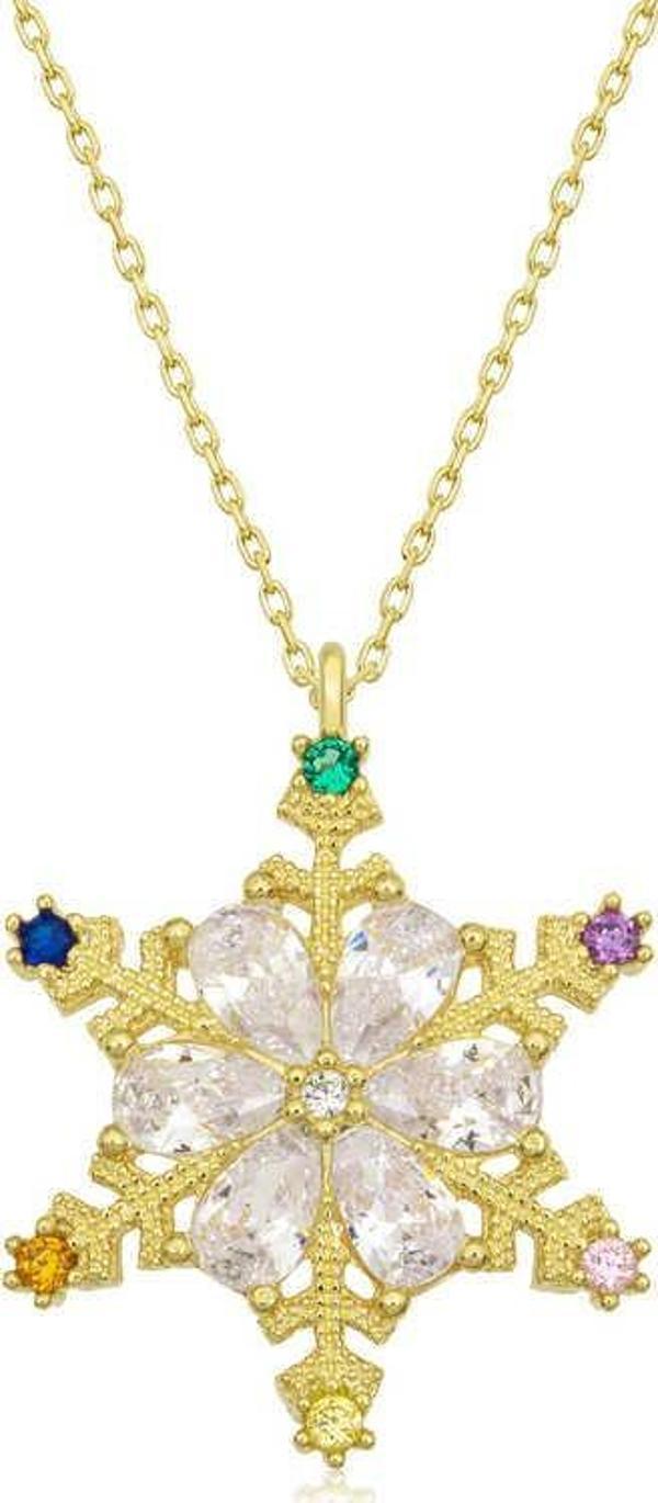 925 Ayar Gümüş Gold Renkli Taşlı Kar Tanesi Kadın Gümüş Kolye - Image 1