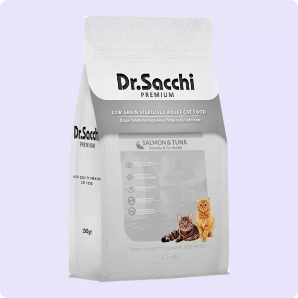 Dr. Sacchi Premium Somonlu ve Ton Balıklı Düşük Tahıllı Kısırlaştırılmış Kedi Maması 10 kg - Image 1