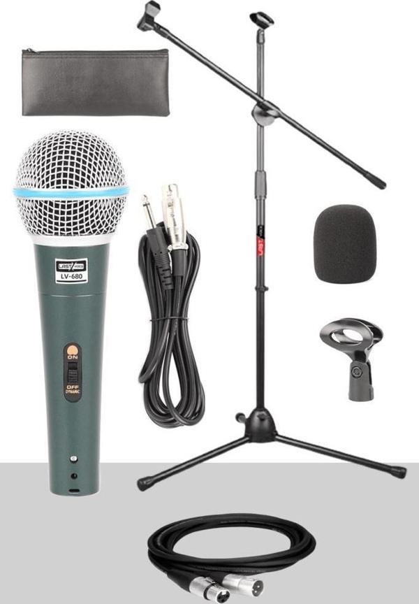 Lastvoice Lv-680ST Ayaklı Kablolu Dinamik Mikrofon (Stand Cüzdan Çift Kablo Sünger Tutacak) - Image 1