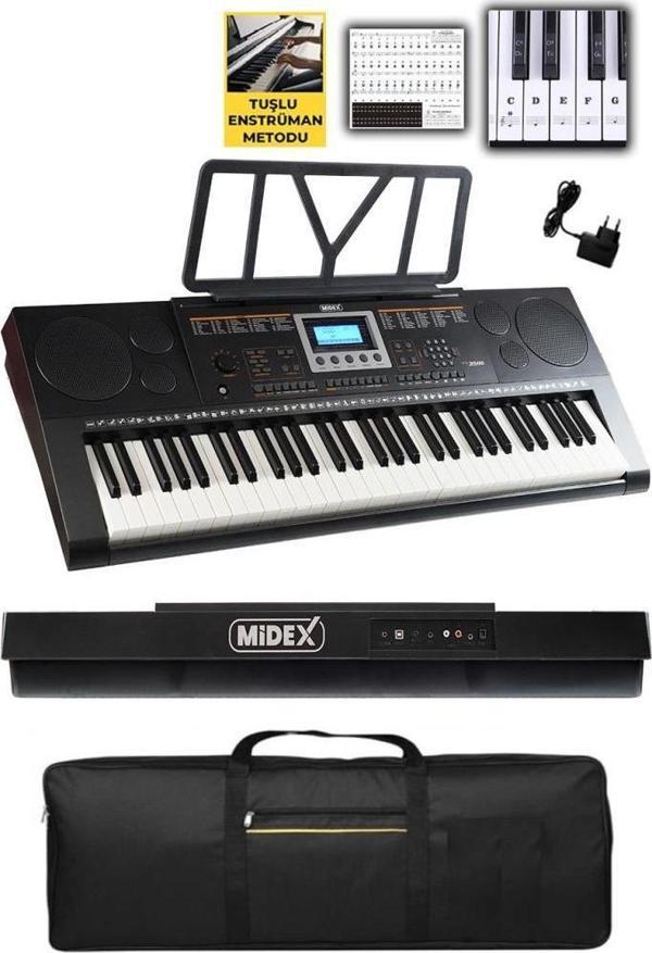 Midex PS-3500 Tuş Hassasiyetli Org 61 Tuşlu Org 5 Oktav Çanta Nota Standı Adaptör Metod (300 Ses 300 Ritim) - Image 1