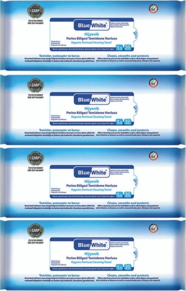 Blue White Perine Bölgesi Vücut Temizleme Havlusu Mendili 50'li 4 Paket 200 Kullanım - Image 1
