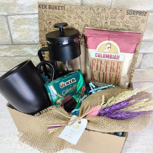 Arkadaşa Şık Hediye Kutusu, Filtre Kahve, Kupa, French Press, Buket - Image 1