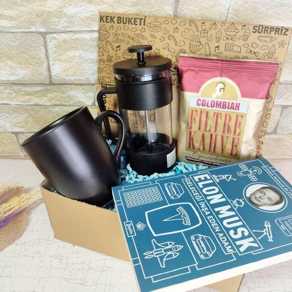 Elon Musk Kitabı, French Press, Mug Kupa, Colombian Filtre Kahve, Kitaplı Hediye Seti - Image 1