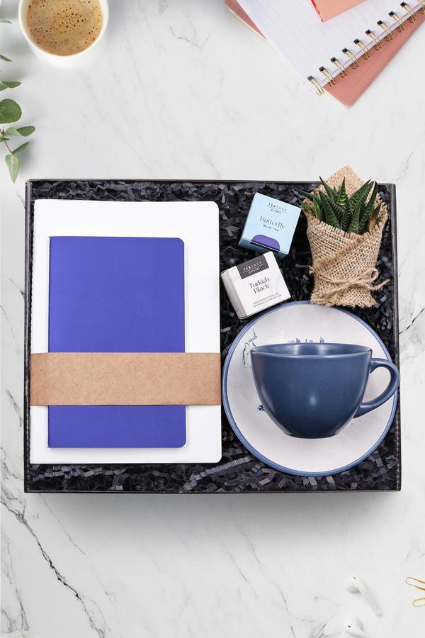 Trendmiya 2'Li Defter & 2'Li Teashop Bitki Çayı & Mavi Fincan & Canlı Sukulent Çiçek Hediye Seti - Image 1
