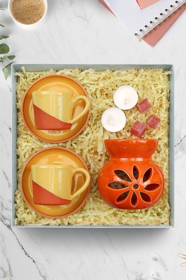 Trendmiya 2'Li Sarı Çömlek Fincan & 2'Li Tealight Mum & Lotus Buhurdanlık Hediye Seti - Image 1