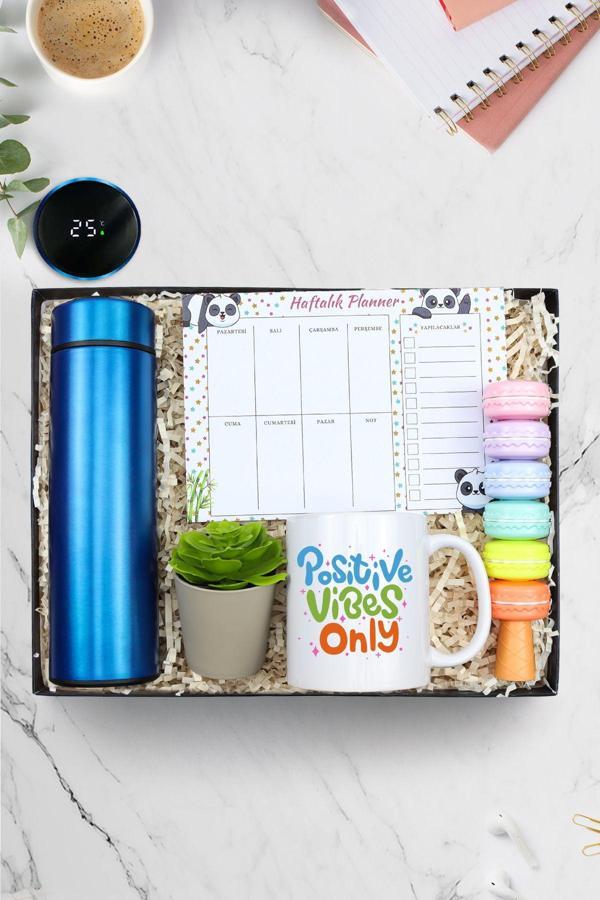 Trendmiya 500Ml Dereceli Termos & Planner & Motto Kupa & Makaron Fosforlu Kalem & Yapay Mini Çiçek Hediye Seti - Image 1