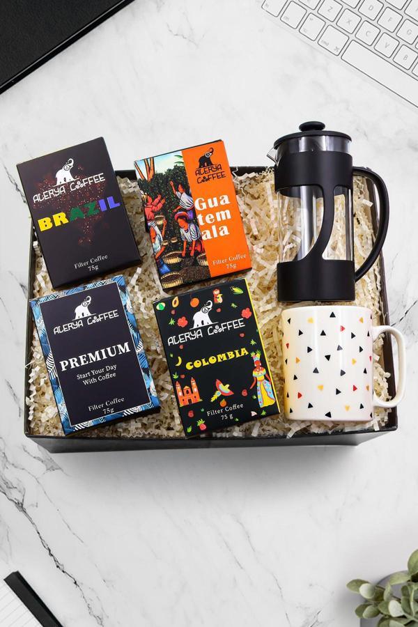 Trendmiya Alerya Dünya Kahveleri & Geometrik Detaylı Kupa & Siyah French Press Hediye Seti - Image 1