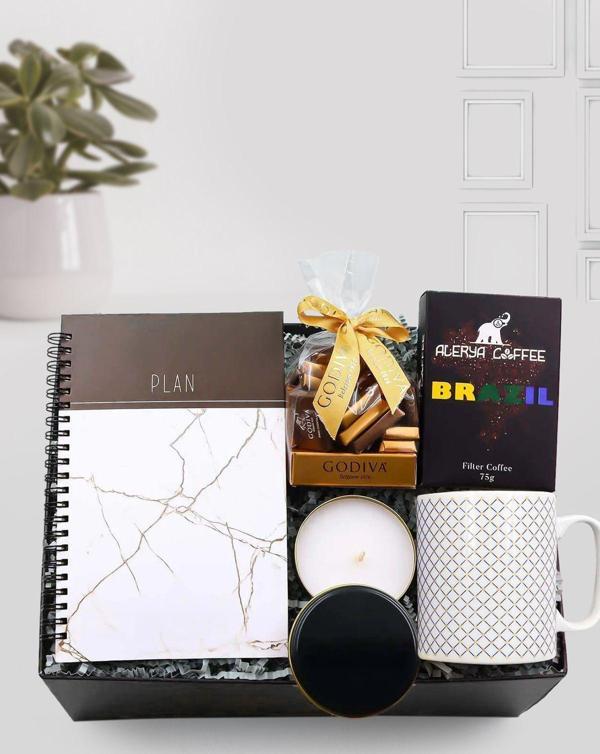 Trendmiya Mermer Desenli Defter & Kupa & Siyah Kutulu Mum & Alerya Kahve & Godiva Çikolata Hediye Seti - Image 1