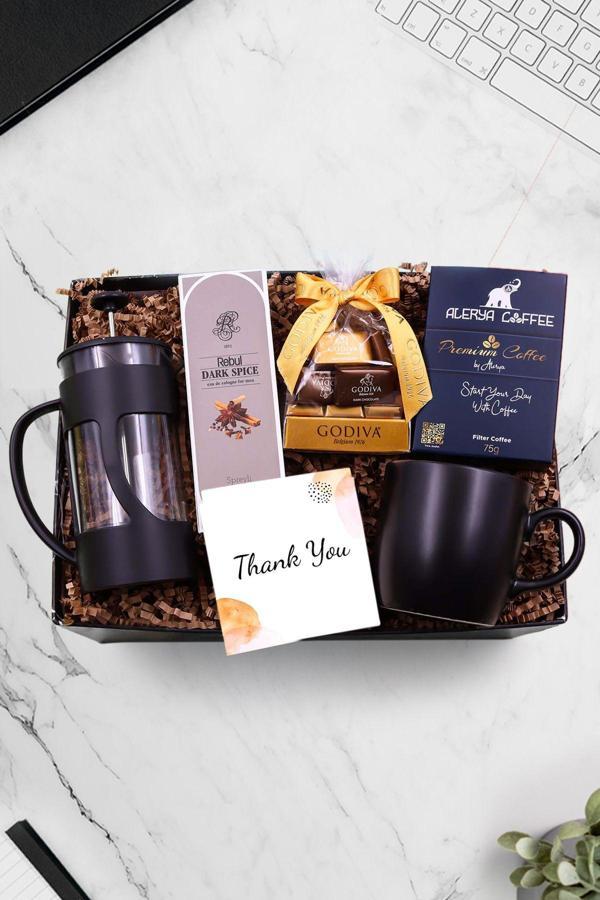 Trendmiya French Press & Siyah Kupa & Erkek Kolonyası & Alerya Filtre Kahve & Godiva Çikolata Hediye Seti - Image 1
