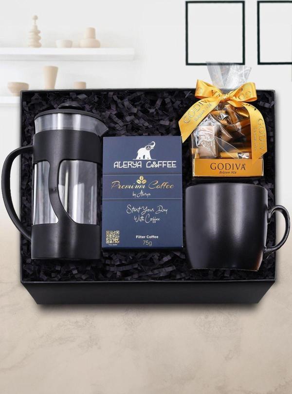 Trendmiya French Press & Siyah Mat Kupa & Alerya Premium Filtre Kahve & Godiva Napoliten Çikolata Hediye Seti - Image 1