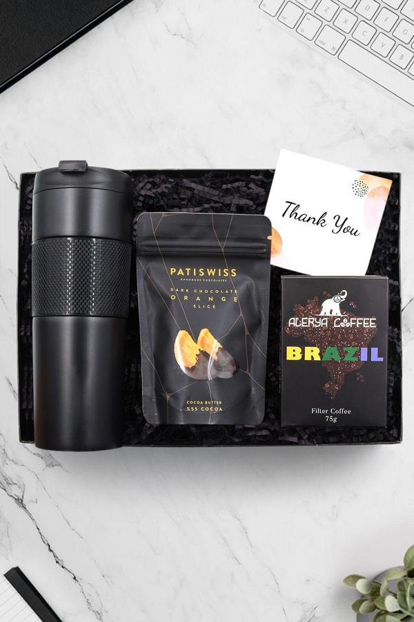 Trendmiya French Press Çelik Termos & Patiswiss Çikolata Kaplı Portakal & Alerya Filtre Kahve Hediye Seti - Image 1