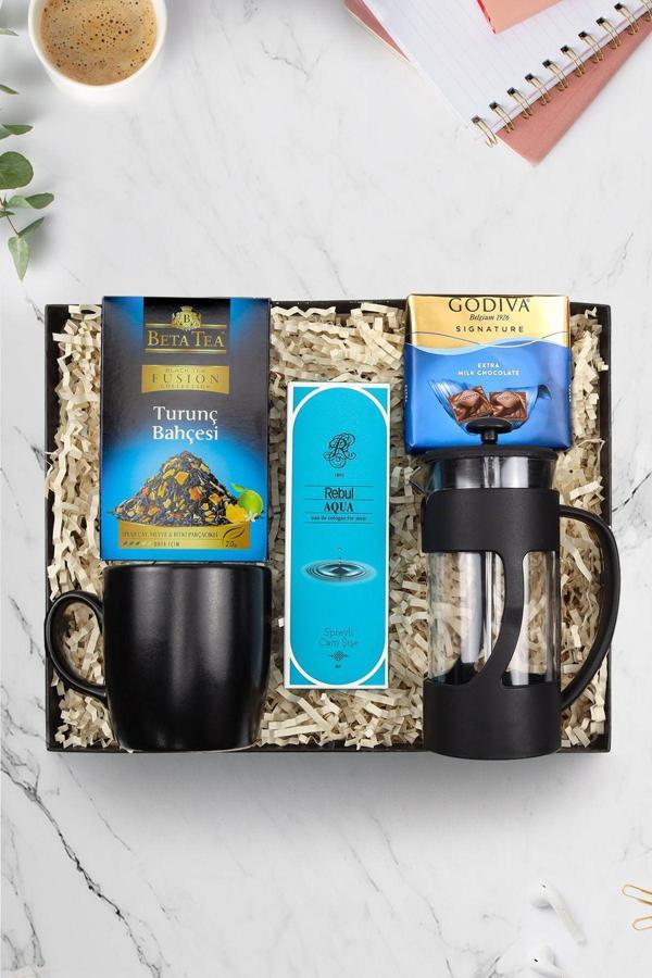 Trendmiya Frenchpress & Siyah Kupa & Beta Tea Bitki Çayı & Godiva Kare & Rebul Aqua Erkek Kolonya Hediye Seti - Image 1
