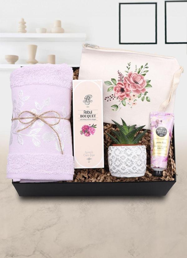 Trendmiya Baskılı Ham Bez El Çantası & Havlu & Rebul Bouquet Kolonya & El Kremi & Sukulent & Saksı Hediye Seti - Image 1