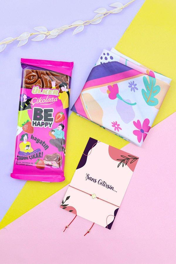 Trendmiya Şans Bilekliği & Beyaz Çiçekli Fular & Be Happy Çikolata Hediye Seti - Image 1