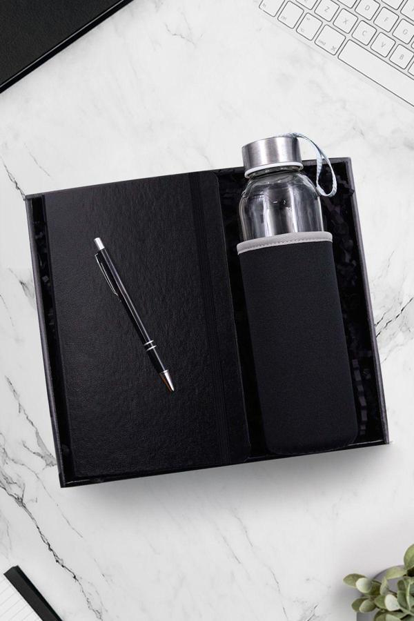 Trendmiya Gümüş Renk Detaylı Tükenmez Kalem & Siyah Defter & Siyah Özel Kılıflı 500Ml Su Matarası Hediye Seti - Image 1