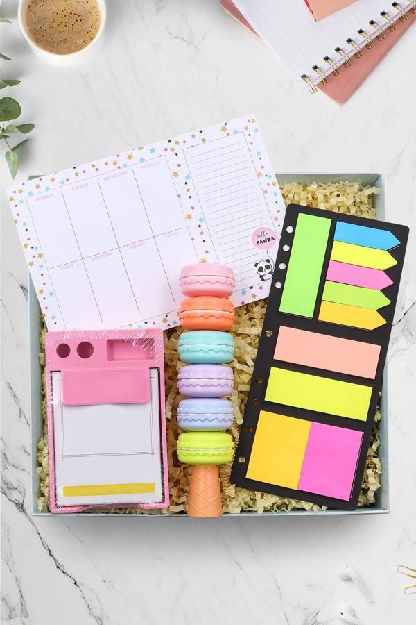 Trendmiya Haftalık Planner & Yapışkan Notluk & Makaron Fosforlu Kalem & Bloknot Hediye Seti - Image 1