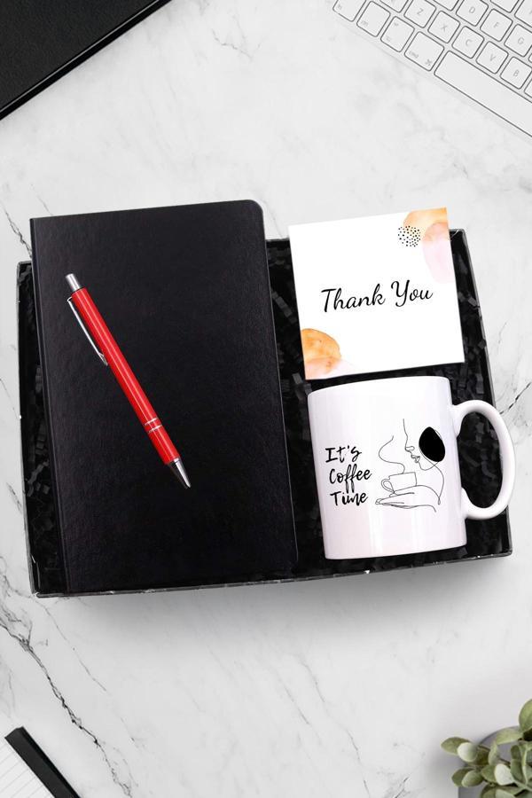 Trendmiya Siyah Defter & Baskılı Kupa & Gümüş Renk Detaylı Tükenmez Kalem Hediye Seti - Image 1