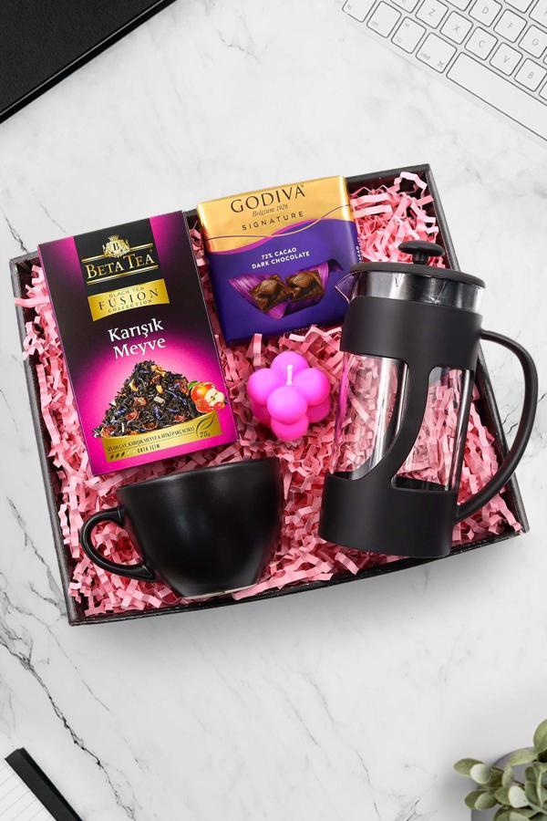 Trendmiya Siyah French Press-Siyah Kupa-Beta Tea Meyve Çayı-Godiva Çikolata-Mini Bubble Mum Hediye Seti - Image 1
