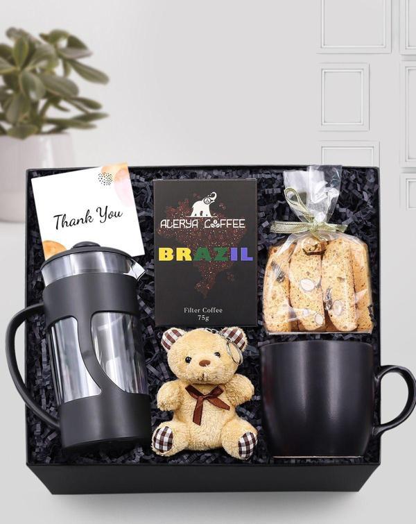 Trendmiya Siyah Kupa & Siyah French Press & Alerya Filtre Kahve & Kurabiye & Ayıcıklı Anahtarlık Seti - Image 1