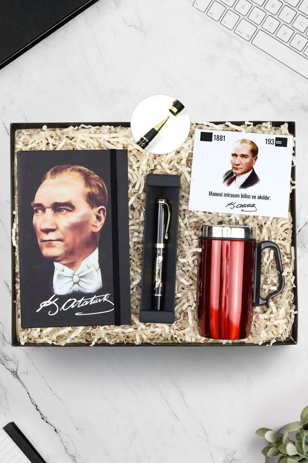 Trendmiya Kulplu 280 Ml Kırmızı Termos & Atatürk Baskılı Defter & Atatürk İmza Kabartmalı Kalem Hediye Seti - Image 1