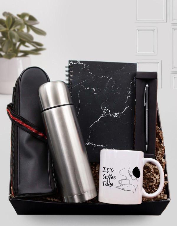 Trendmiya Deri Çantalı Gri Termos & Mermer Desenli Defter & Kalın Siyah Touch Pen & Çizgi Harf Kupa Hediye Set - Image 1