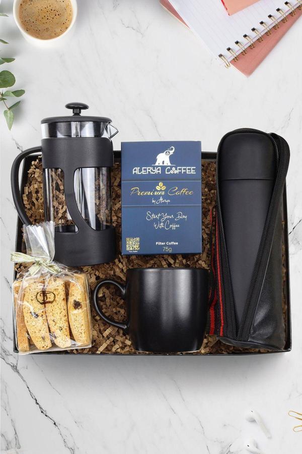 Trendmiya Deri Çantalı Siyah Termos-Alerya Filtre Kahve-French Press-Siyah Kupa-Bademli Kurabiye Hediye Seti - Image 1